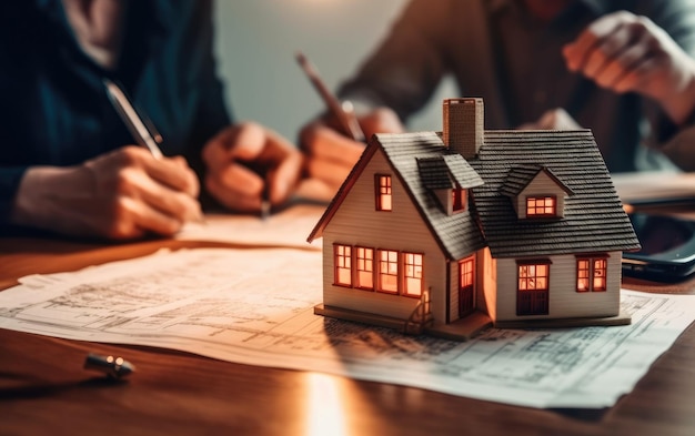 Un hombre escribe en un mapa con una pluma y una casa modelo en el fondo.