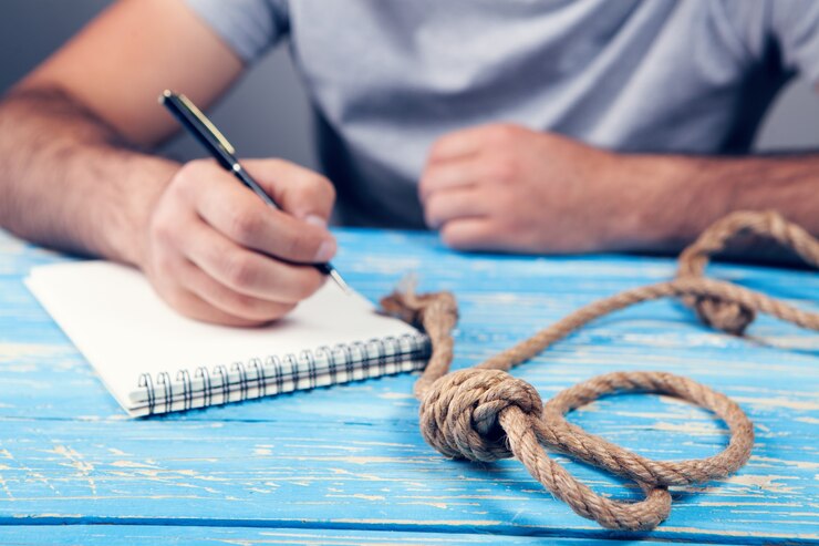 Foto un hombre escribe una nota de suicidio. hay un bucle en la mesa