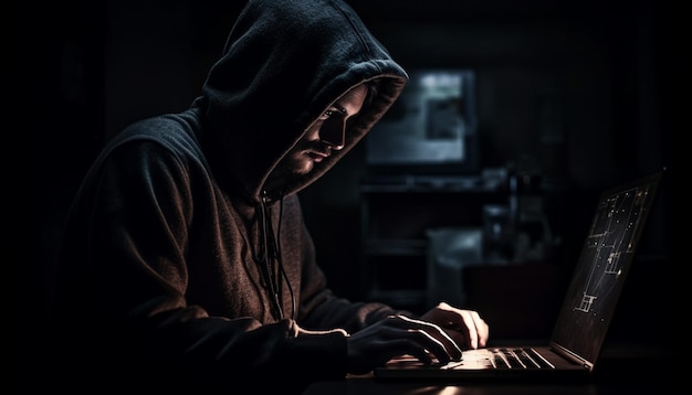 Un hombre escribiendo en una computadora portátil iluminada en una habitación oscura generada por inteligencia artificial