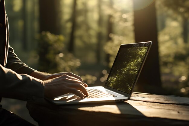 Hombre escribiendo en una computadora portátil a la luz del sol en un entorno de trabajo remoto productivo