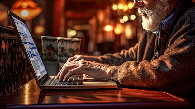 Un hombre escribiendo en una computadora portátil con una taza de café detrás de él.