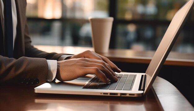 un hombre escribiendo en una computadora portátil con una taza de café en el fondo