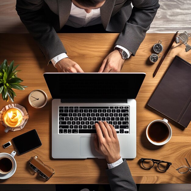 Hombre escribiendo en la computadora portátil Vista superior en el escritorio de la oficina con accesorios