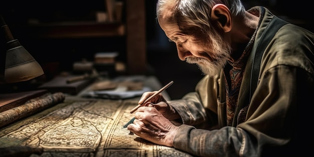 Un hombre escribiendo en una hoja de papel