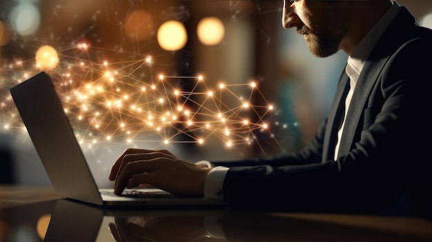 Un hombre escribiendo en una laptop con luces de fondo