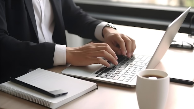 Un hombre escribiendo en una laptop con una taza de café de fondo