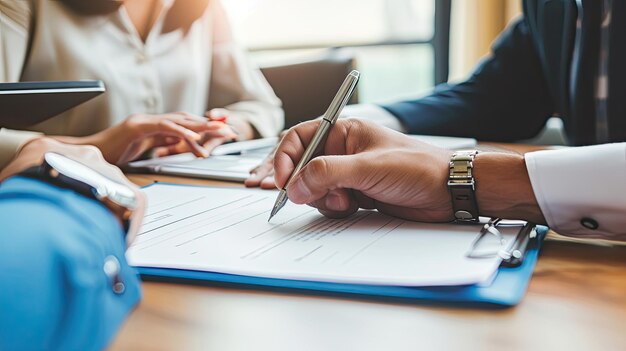 Foto un hombre está escribiendo en un papel con una pluma en la mano