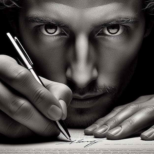 Foto un hombre está escribiendo en un papel con una pluma