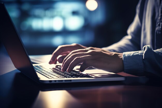 Hombre escribiendo en el teclado de la computadora portátil en una habitación oscura