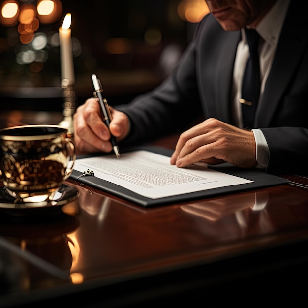 un hombre escribiendo en un vaso con una pluma en él