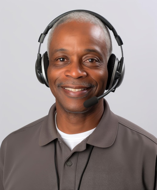 Hombre escuchando música con auriculares y camisa gris