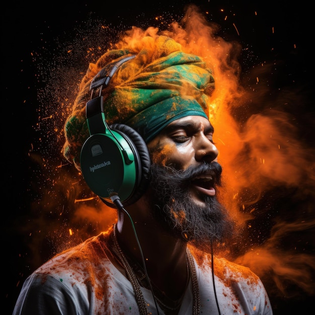 Hombre escuchando música con auriculares y explosión de color en la cabeza