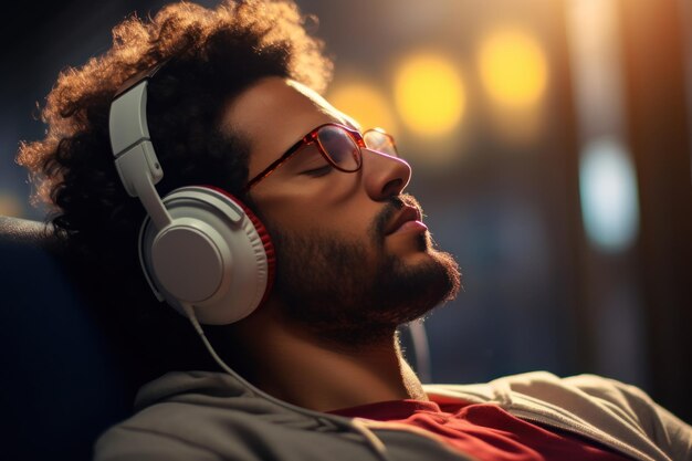 Hombre escuchando música con gafas y auriculares