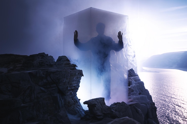 Foto hombre espacial congelado en una contención helada en un planeta desolado concepto de ciencia ficción cinematográfica de supervivencia y