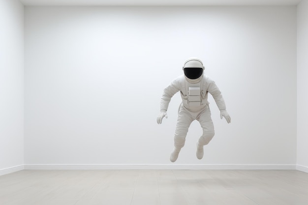 Hombre espacial en una habitación blanca vacía IA generativa