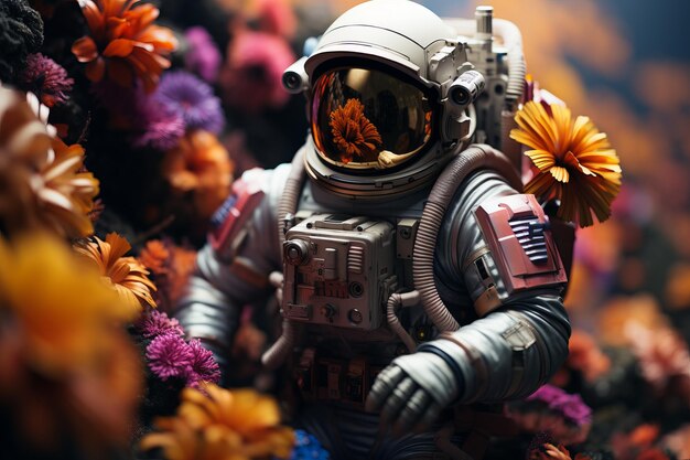 Un hombre espacial surrealista adornado con flores vibrantes una ilustración distintiva de primer plano