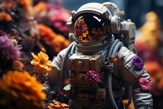 Un hombre espacial surrealista adornado con flores vibrantes una ilustración distintiva de primer plano