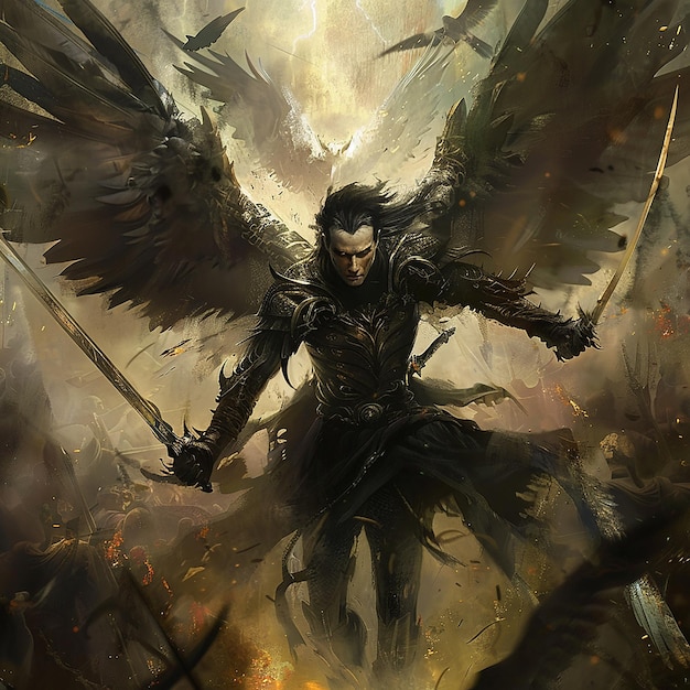 un hombre con una espada y alas que dice quot ángel quot en las alas