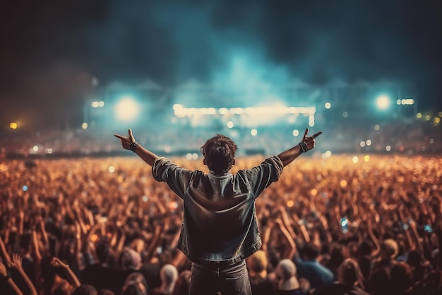 Hombre de espaldas con los brazos en alto disfrutando de un concierto entre el público de un festival de música