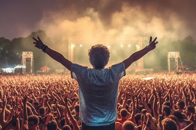 Hombre de espaldas con los brazos en alto disfrutando de un concierto entre el público de un festival de música