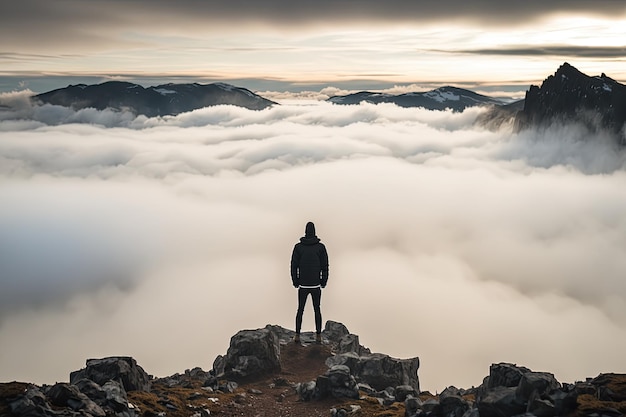 Hombre de espaldas a la cámara de pie en la cima de la montaña rodeado de nubes brumosas