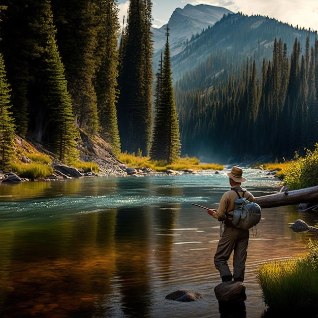 hombre de espaldas con mochila y equipo caminando en un maravilloso paisaje natural ai generativo