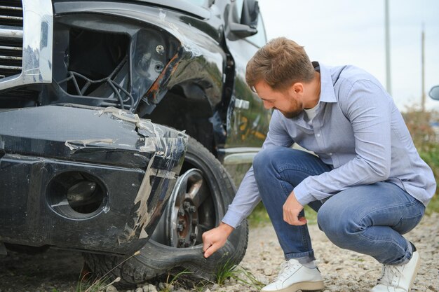 Foto el hombre espera que el centro de llamadas de seguros le ayude después de un accidente automovilístico en la carretera