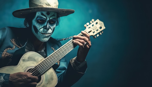 Hombre esqueleto tocando la guitarra durante el Día de Muertos en México