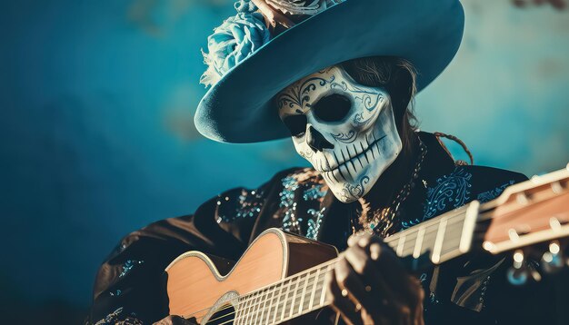 Hombre esqueleto tocando la guitarra durante el Día de Muertos en México