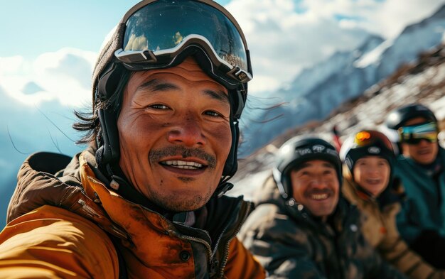 hombre esquiador con amigos con gafas de esquí y casco de esquí en la montaña de nieve