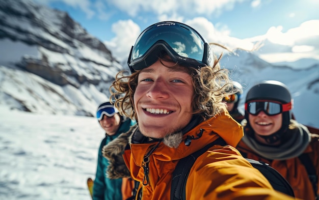 hombre esquiador con amigos con gafas de esquí y casco de esquí en la montaña de nieve