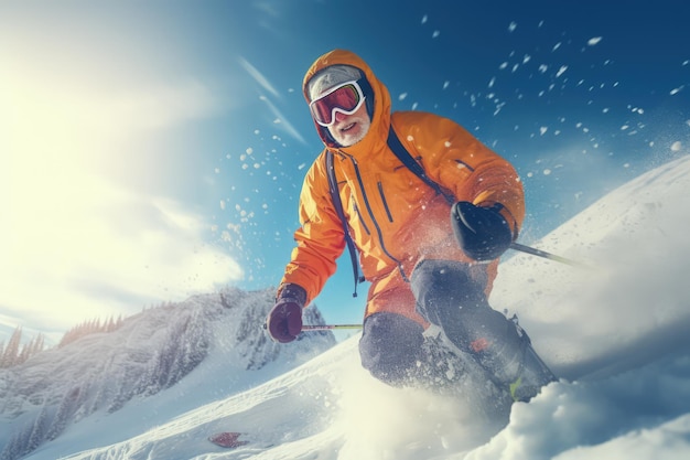 Un hombre esquiando en una montaña nevada con una chaqueta naranja brillante y una chaqueta naranja