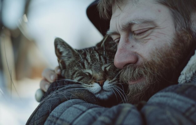 Un hombre está abrazando a un gato tabby en una escena de beso emocional con barba