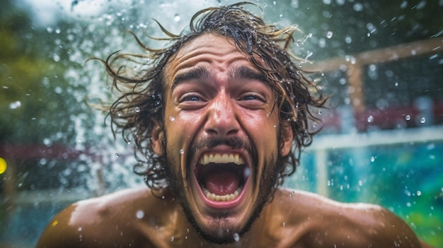 Un hombre está en el agua y está gritando.