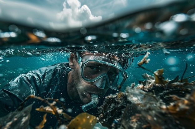 Un hombre está bajo el agua con un snorkel en la boca