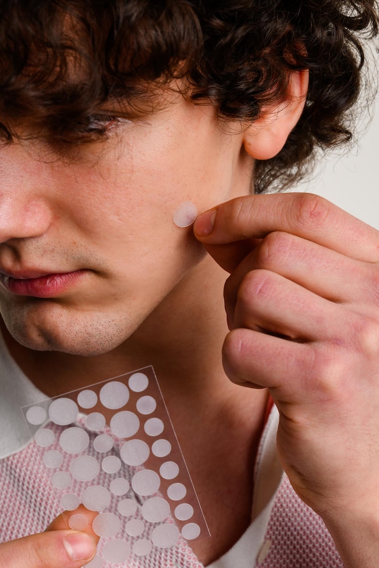 Foto el hombre está aplicando parche de acné en la cara para curarse de los granos pegatinas dermatológicas para absorber el exceso de fluidos de la espinilla tratamiento rápido de las espinillas sin exprimir