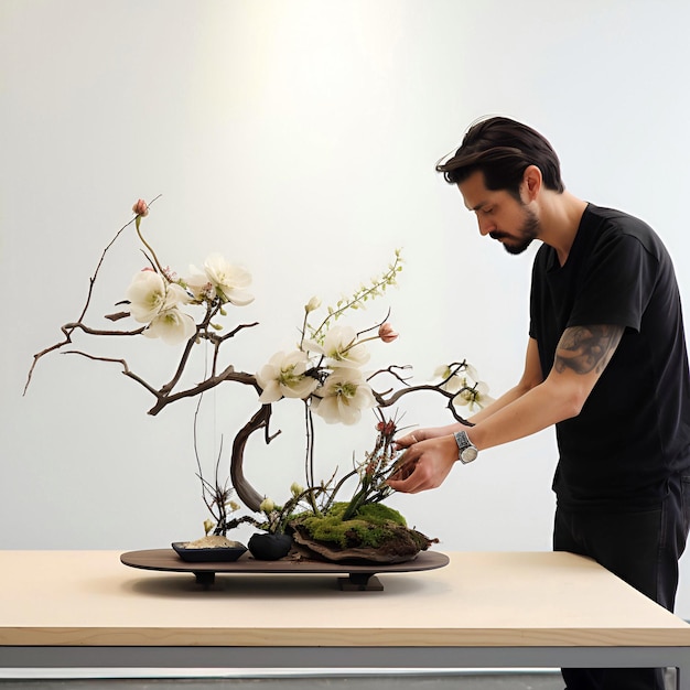 El hombre está arreglando la composición floral de ikebana