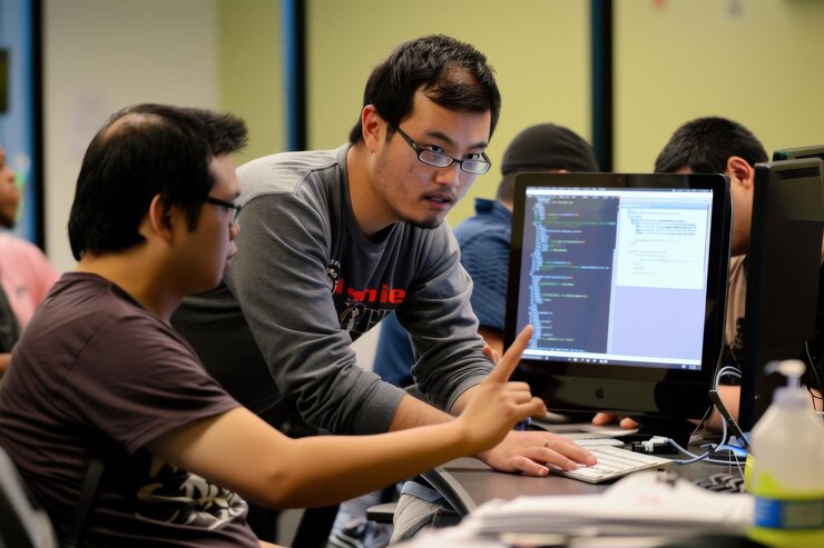 Foto un hombre está ayudando a otro hombre con una computadora.