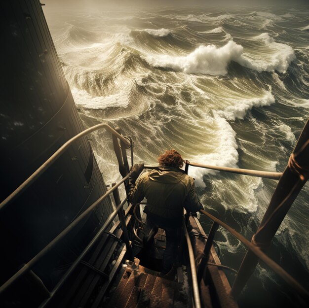 un hombre está en un barco mirando el océano.