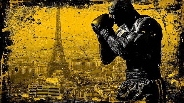 Un hombre está boxeando frente a la Torre Eiffel.