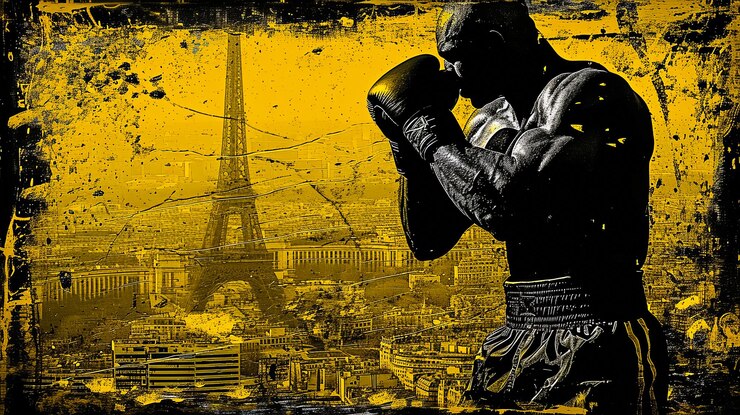 Un hombre está boxeando frente a la Torre Eiffel.