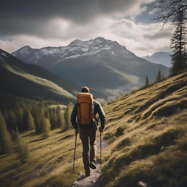 un hombre está caminando por un camino con una mochila en ella