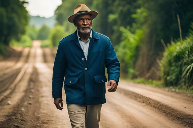 un hombre está caminando por un camino de tierra con una chaqueta azul