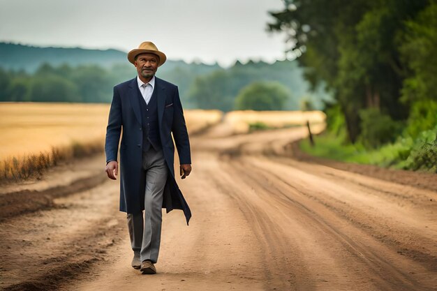 un hombre está caminando por un camino de tierra con un sombrero puesto