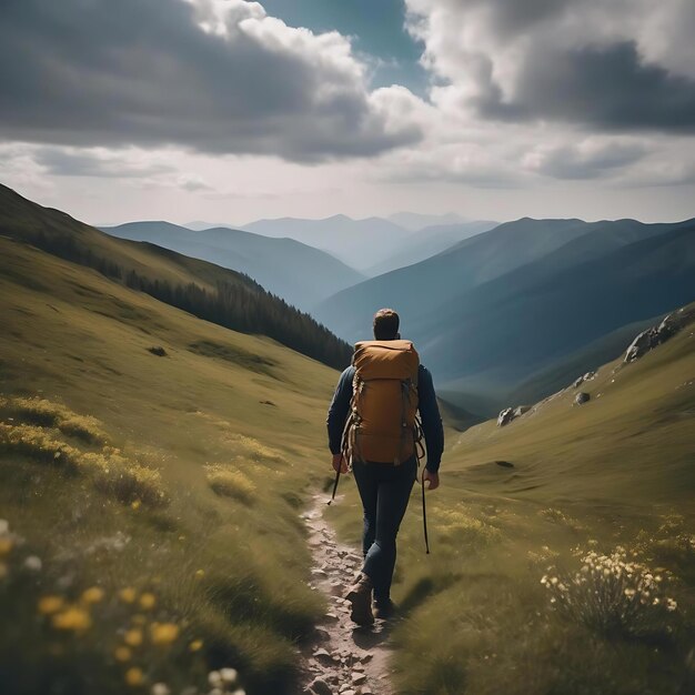 un hombre está caminando por un camino en un valle de montaña