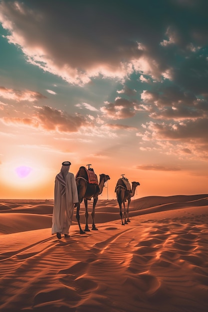 Un hombre está caminando con dos camellos en el desierto