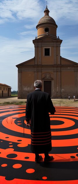 un hombre está caminando frente a un círculo negro y rojo con el número 1 en él