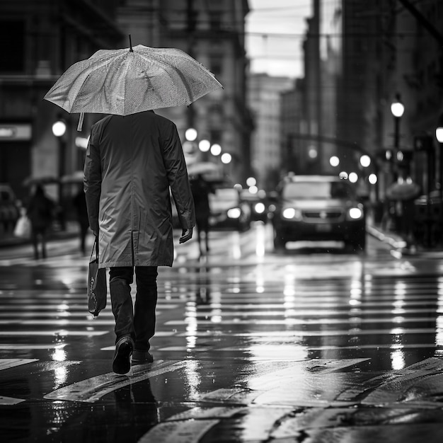 un hombre está caminando en la lluvia con un paraguas