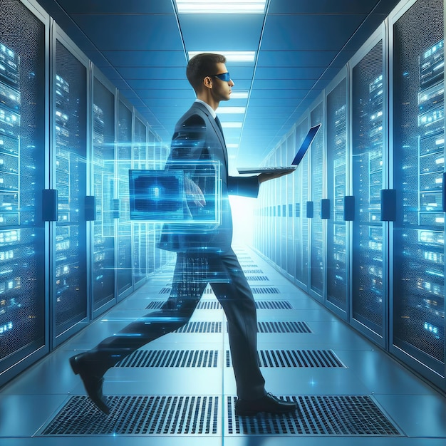 un hombre está caminando a través de una gran sala de almacenamiento con muchas filas de computadoras