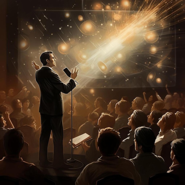 un hombre está cantando en un micrófono y las palabras " el hombre está en el escenario "
